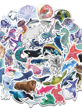 50张蓝色海洋生物卡通贴纸包行李箱拉杆箱手机电脑ipad防水装饰贴