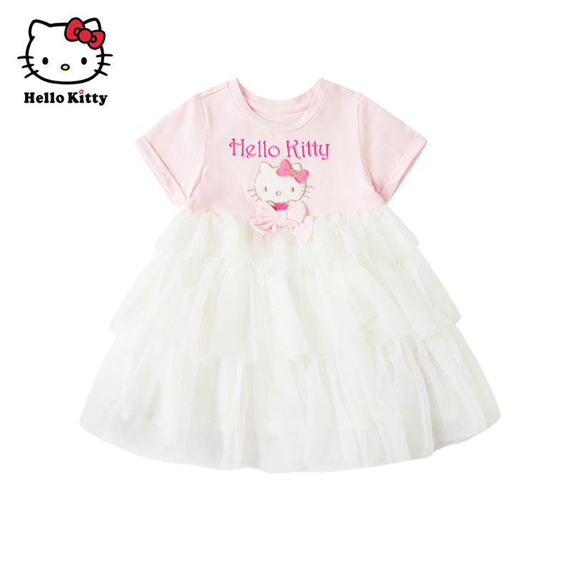 Hello Kitty童装女童夏款棉质短袖连衣裙网纱公主裙子洋装