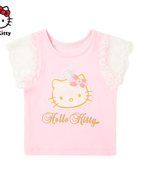 Hello Kitty凯蒂猫女童蕾丝袖卡通圆领短袖T恤甜美可爱风