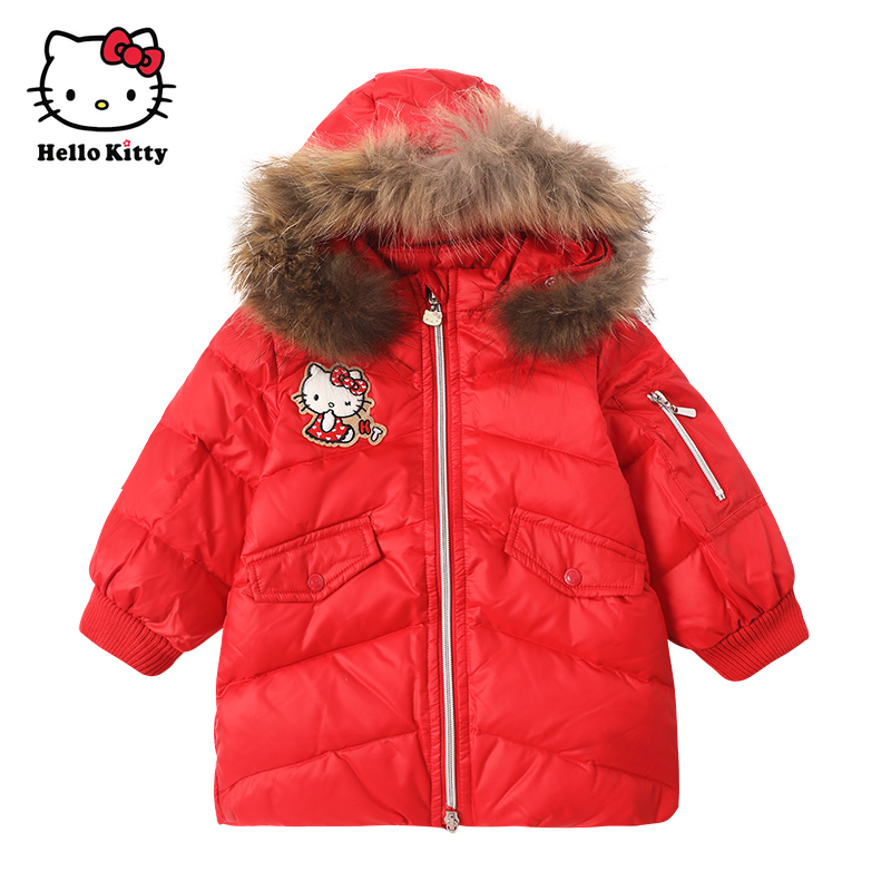 HelloKitty童装女白鸭绒长款儿童保暖连帽羽绒服外套