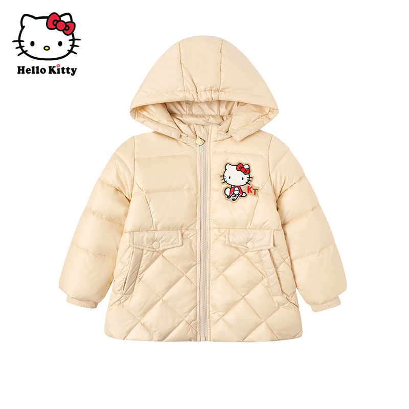 Hello Kitty童装女童冬款保暖连帽外套白鸭绒中长款羽绒服