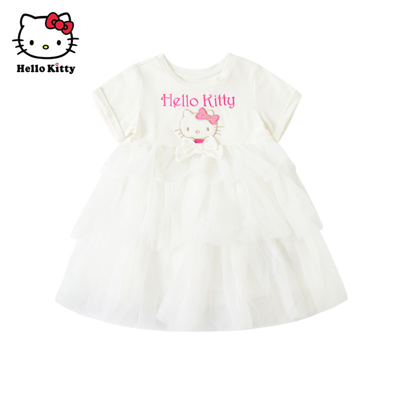 Hello Kitty童装女童夏款棉质短袖连衣裙网纱公主裙子洋装