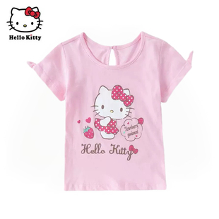 Hello Kitty凯蒂猫卡通印花圆领短袖T恤女童甜美可爱纯棉上衣