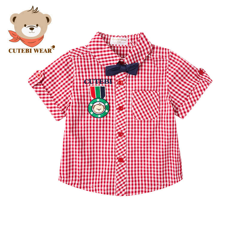 清仓Cutebi Wear学院风纯棉格子衬衫男童短袖翻领结衬衣上衣