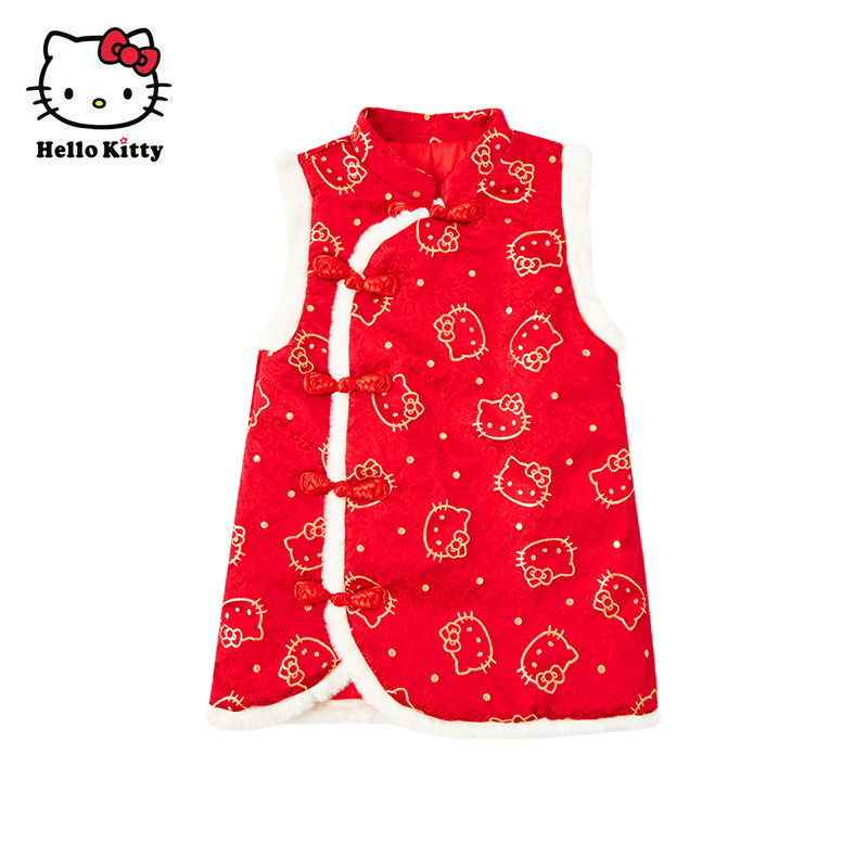 Hello Kitty女童中国风夹棉唐装新年表演服背心裙子连衣裙