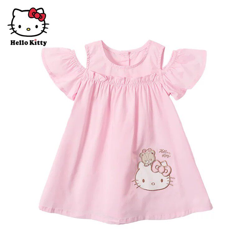 Hello Kitty凯蒂猫女童露肩连衣裙卡通公主裙夏装纯棉裙子