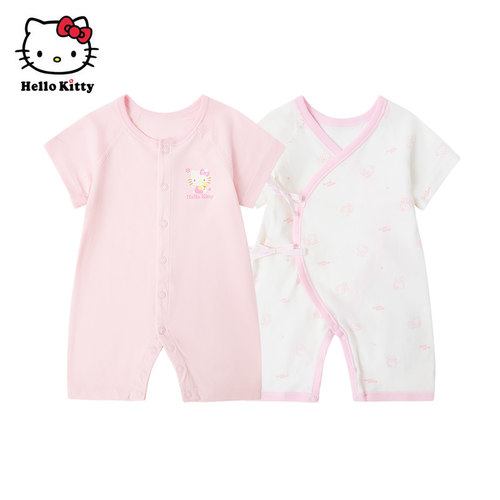 Hello Kitty婴儿纯棉连身衣夏季薄款短袖开襟系带爬服女宝连体衣
