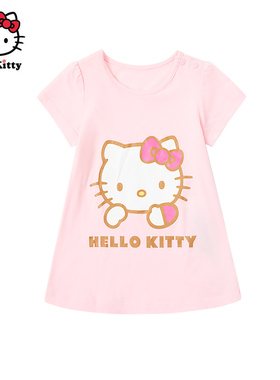 Hello Kitty夏季女童纯棉短袖连衣裙T恤裙子休闲连衣裙