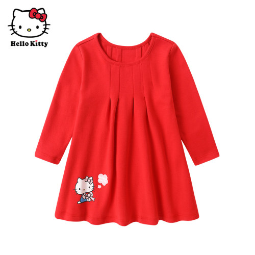 HelloKitty童装春女童棉长袖小洋装百褶裙子公主连衣裙