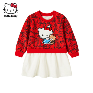 Hello Kitty童装女童长袖卫衣裙洋装春款假两件连衣裙子