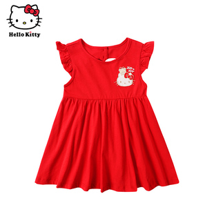Hello Kitty童装女童夏飞袖纯棉连衣裙百褶裙洋装公主裙子