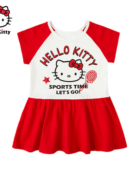 Hello Kitty童装女童夏短袖棉连衣裙洋装休闲裙子百褶裙
