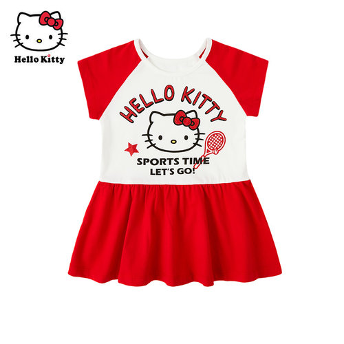 Hello Kitty童装女童夏短袖棉连衣裙洋装休闲裙子百褶裙