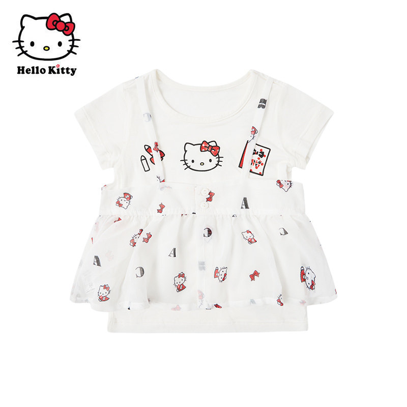 Hello Kitty夏女童莫代尔两件套短袖T恤上衣可爱T恤雪纺上衣