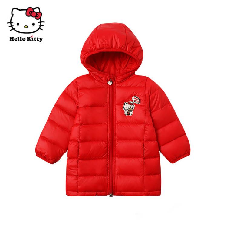 HelloKitty官方童装女童轻薄冬保暖长款连帽羽绒外套白鸭绒