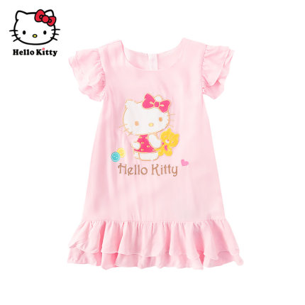 HelloKitty童装夏女连衣裙短袖竹节棉裙子韩版花边裙子