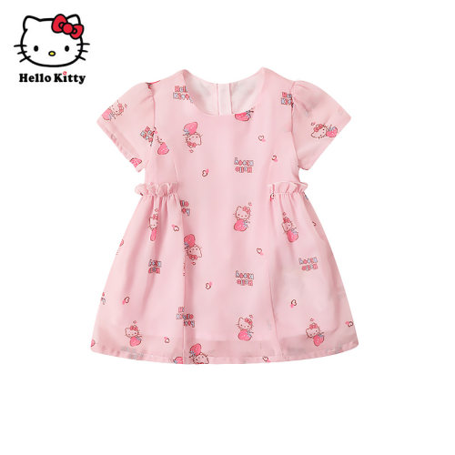 HelloKitty童装女童短袖雪纺连衣裙公主裙子儿童洋装百褶裙