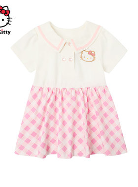Hello Kitty童装女童棉短袖连衣裙子学院风格子裙