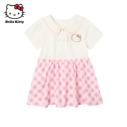 Hello Kitty童装女童棉短袖连衣裙子学院风格子裙