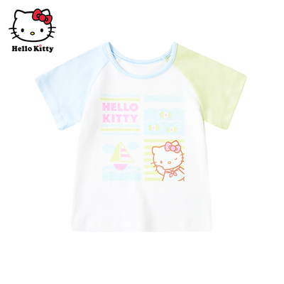 Hello Kitty童装女童夏款纯棉圆领短袖T恤儿童休闲上衣丝柔棉