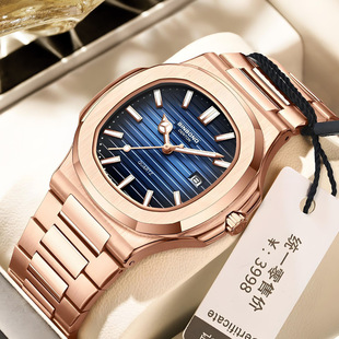 宾邦正品欧美潮牌手表男鹦鹉精钢方形时尚奢华夜光防水日历手表