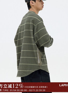 LAPIVIMA ROUND HEM STRIPED LS CREW NECK 拼接刺绣条纹圆领长袖