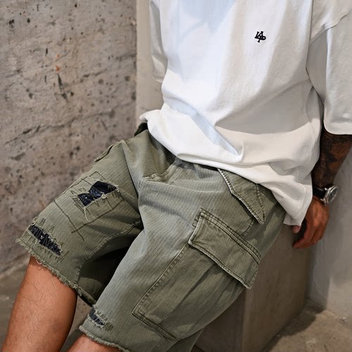 LAPIVIMA DISTRESSED PATCHED DYED SHORTS 补丁破坏蜡染水洗短裤