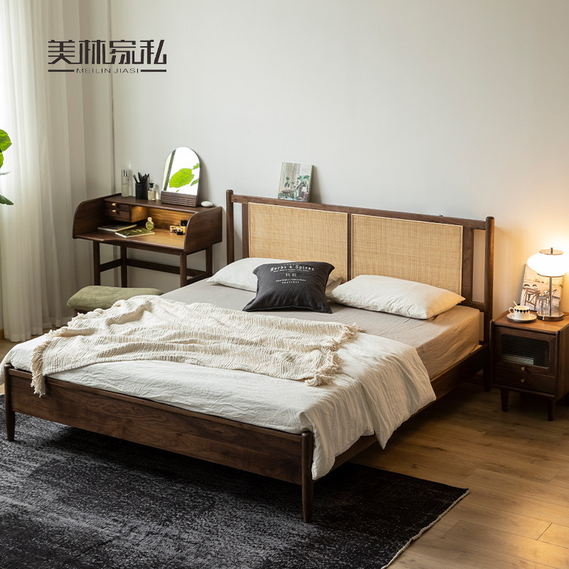 藤编日式实木床黑胡桃木北欧复古1.8米双人床简约樱桃木床民宿风,住宅家具,实木床,淘宝优惠券,粉丝福利购,淘宝优惠卷