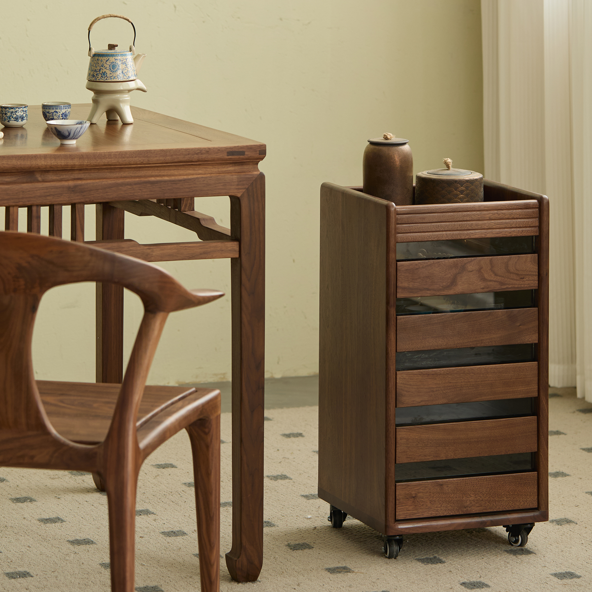 原枝黑胡桃木可移动文件柜