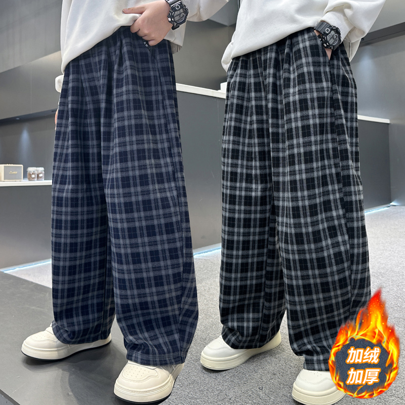 男童加绒裤子秋冬季新款中大童加厚秋冬装一体绒休闲格子阔腿裤潮