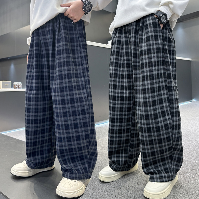 男童裤子春秋新款时尚休闲长裤中大童春装男孩格子阔腿裤潮童裤