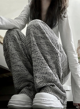 175高个子加长复古花灰色休闲裤女秋冬新款高腰宽松垂感阔腿长裤