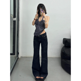 女辣妹直筒马蹄裤 175高个子加长180美式 辣妹深蓝色低腰微喇牛仔裤
