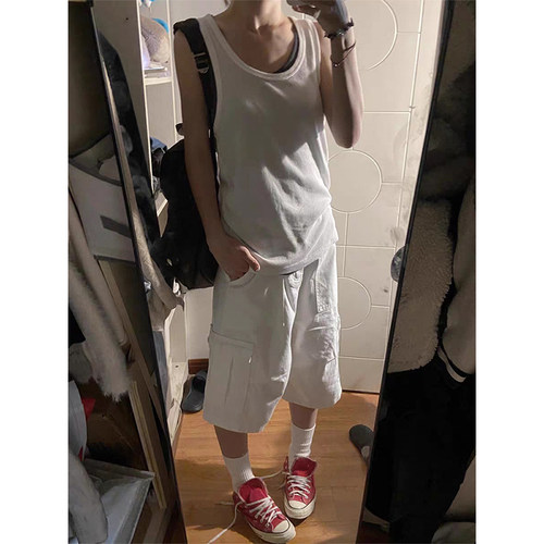 高个子美式白色多口袋七分工装裤