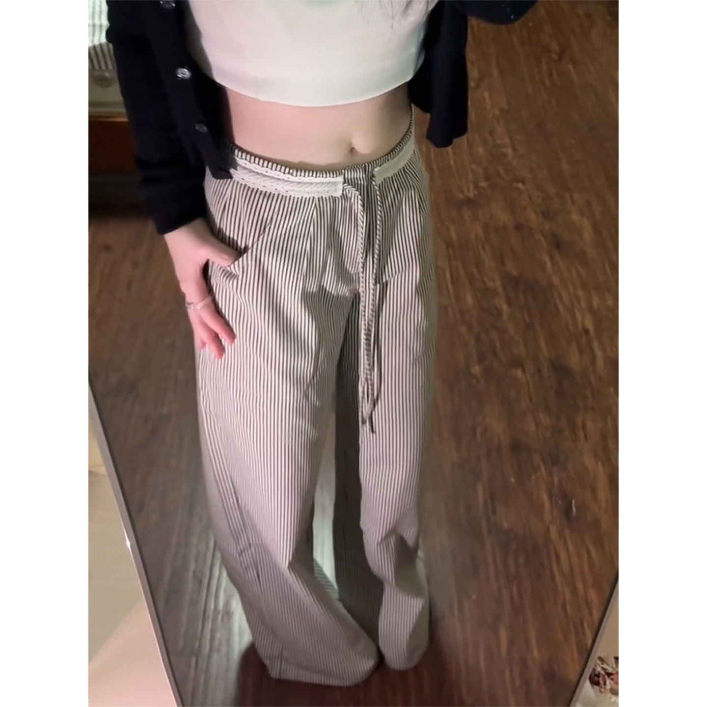 175高个子超长条纹拼接蕾丝抽绳直筒裤女宽松显瘦垂感松紧休闲裤,女装/女士精品,休闲裤,淘宝优惠券,粉丝福利购,淘宝优惠卷