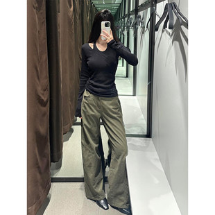 阔腿裤 美式 女直筒宽松解构设计休闲高个子加长款 裤 复古军绿色工装