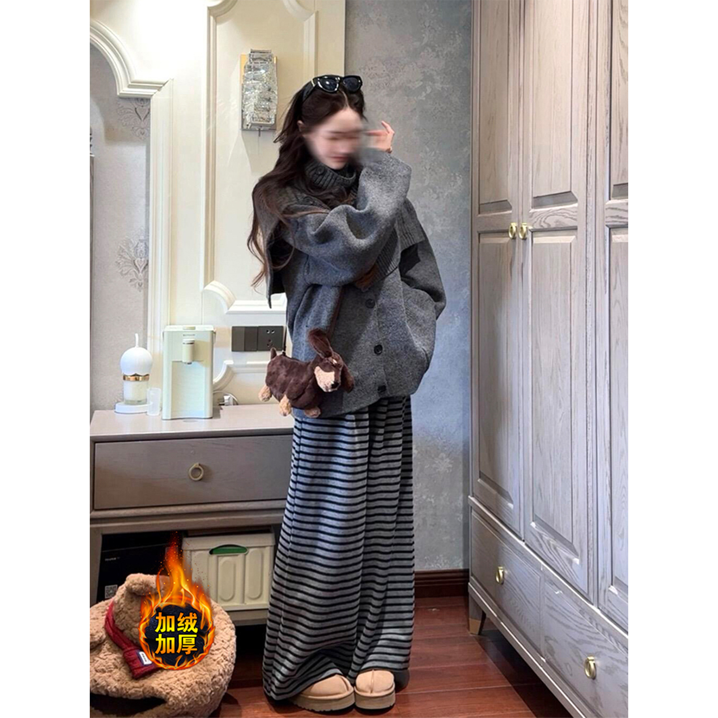 高个子加长180灰色条纹阔腿裤