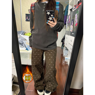 高个子加长美拉德可可棕直筒加绒牛仔裤 女复古高腰显瘦宽松阔腿裤