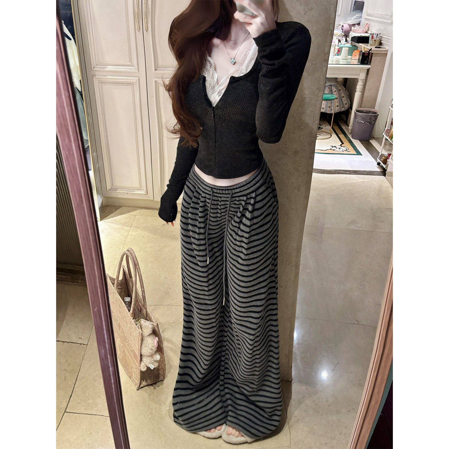 高个子超长175灰色慵懒条纹阔腿裤女2026针织宽松垂感休闲拖地裤,女装/女士精品,休闲裤,淘宝优惠券,粉丝福利购,淘宝优惠卷