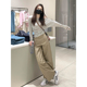 女2025春夏显瘦遮肉百搭直筒休闲长裤 高个子加长摩卡色阔腿工装 裤