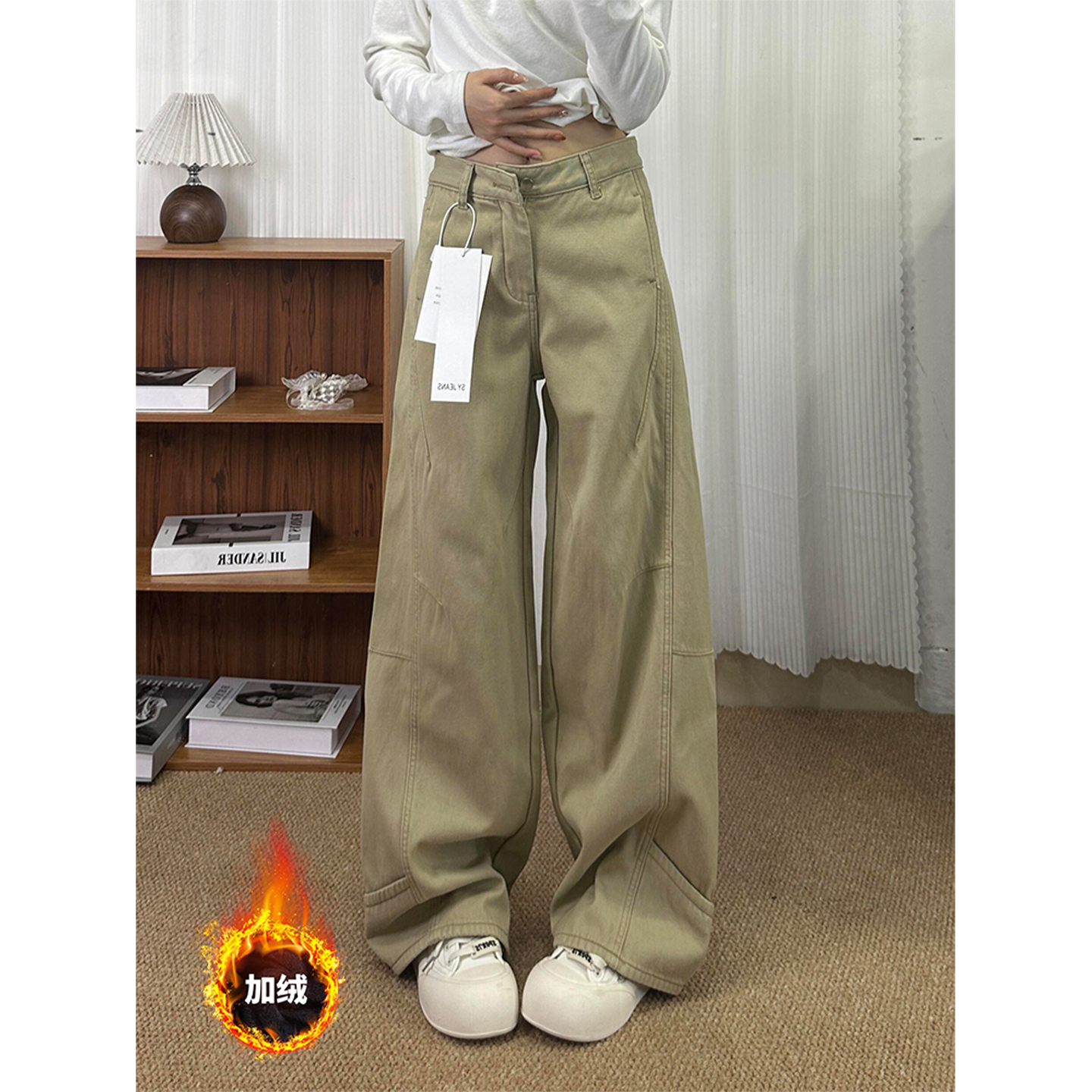 高个子加长美式卡其色厚绒弯刀裤