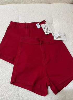 红色美式牛仔短裤女2024年夏季高腰显瘦辣妹包臀薄款紧身a字热裤