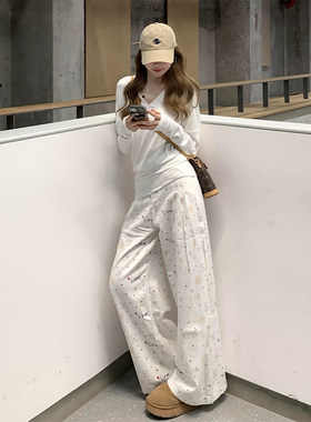 175高个子加长180白色卡通小狗印花休闲裤女2026春季垂感阔腿拖地