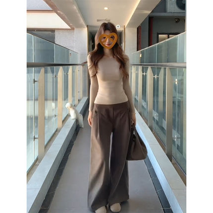 180高个子175韩系毛呢咖啡色阔腿裤女休闲宽松垂感褶皱直筒拖地裤