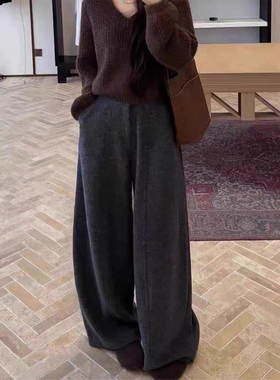 高个子超长美式灰色加厚毛呢休闲裤女冬款高腰西装垂感百搭阔腿裤