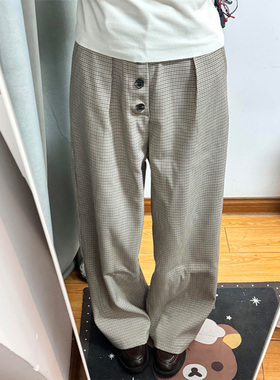 180高个子超长通勤感压褶排扣格子裤女春新款慵懒垂感显瘦休闲裤