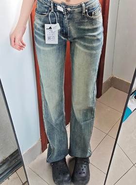 高个子加长美式宝矿力蓝色折痕牛仔裤女2025新款显瘦窄版直筒长裤