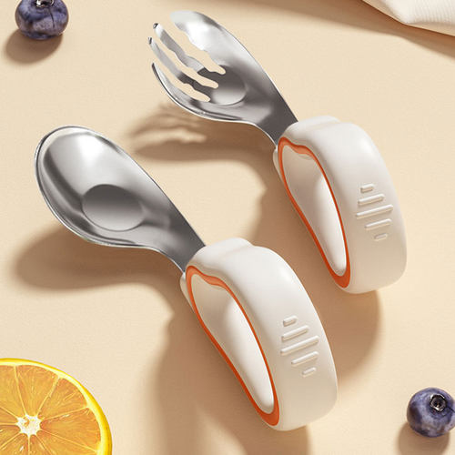 宝宝自主进食辅食勺子1-2岁婴幼儿学吃饭训练儿童不锈钢短柄叉勺