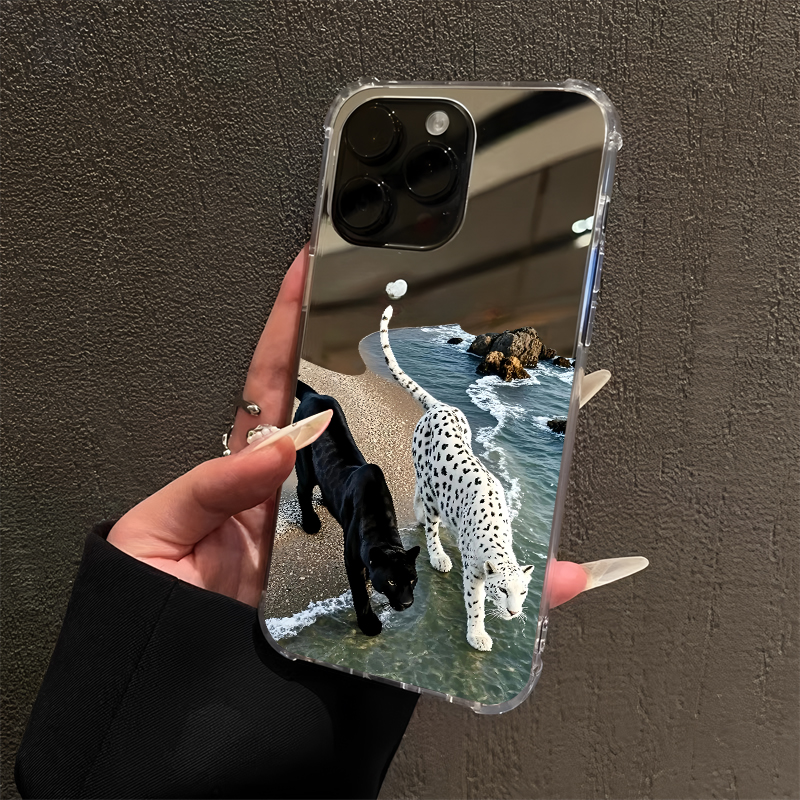 轻奢风海边黑白豹子适用iPhone16pro镜面15promax软14Pro苹果11手机壳xsmax创意13情侣7/8plus补妆12潮xr简约