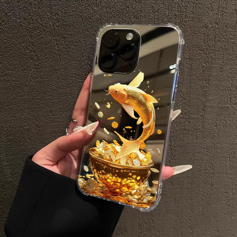 新中式黄金万两锦鲤适用iphone17华为pura80苹果16promax手机壳opporeno7镜面vivox90一加12发财mate60小米14